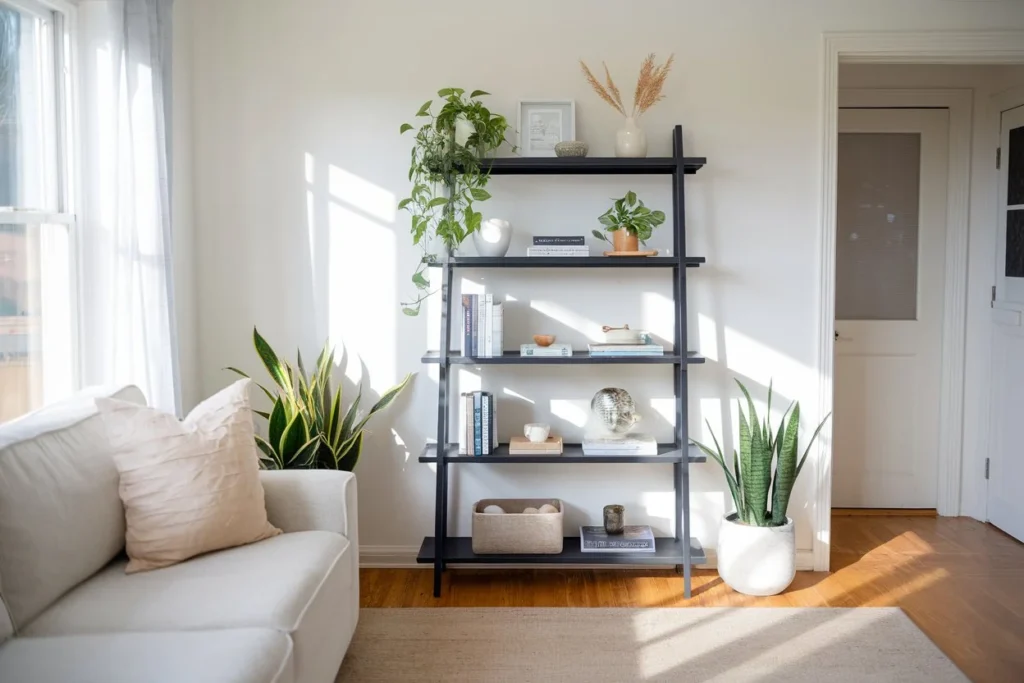 A bright, airy living room with a 5-tier black ladder shelf styled with a mix of plants, books, and decorative objects.