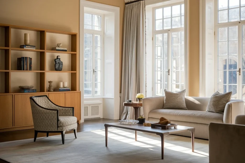 A bright, airy living room with large windows, featuring a blend of modern and classic furniture for an amazing home decor.