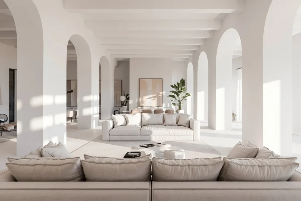 A bright, airy minimalist living room photographed in natural daylight, featuring a light gray sofa, white walls, and sparse decor.