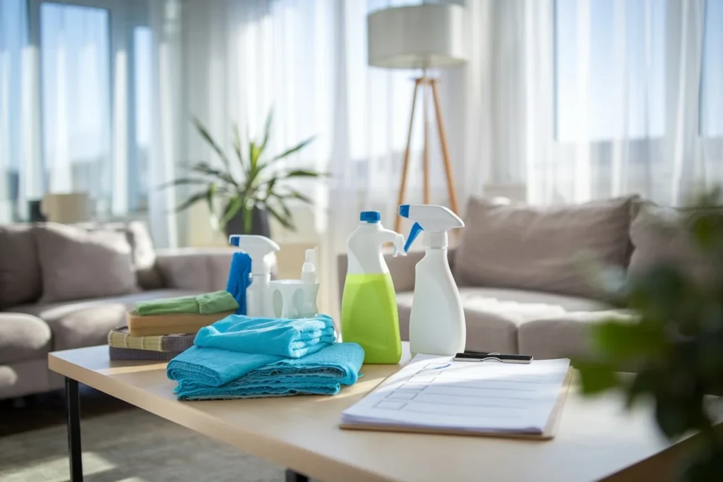 Spring Cleaning Checklist and natural cleaning supplies arranged on a coffee table in a sunlit modern living room