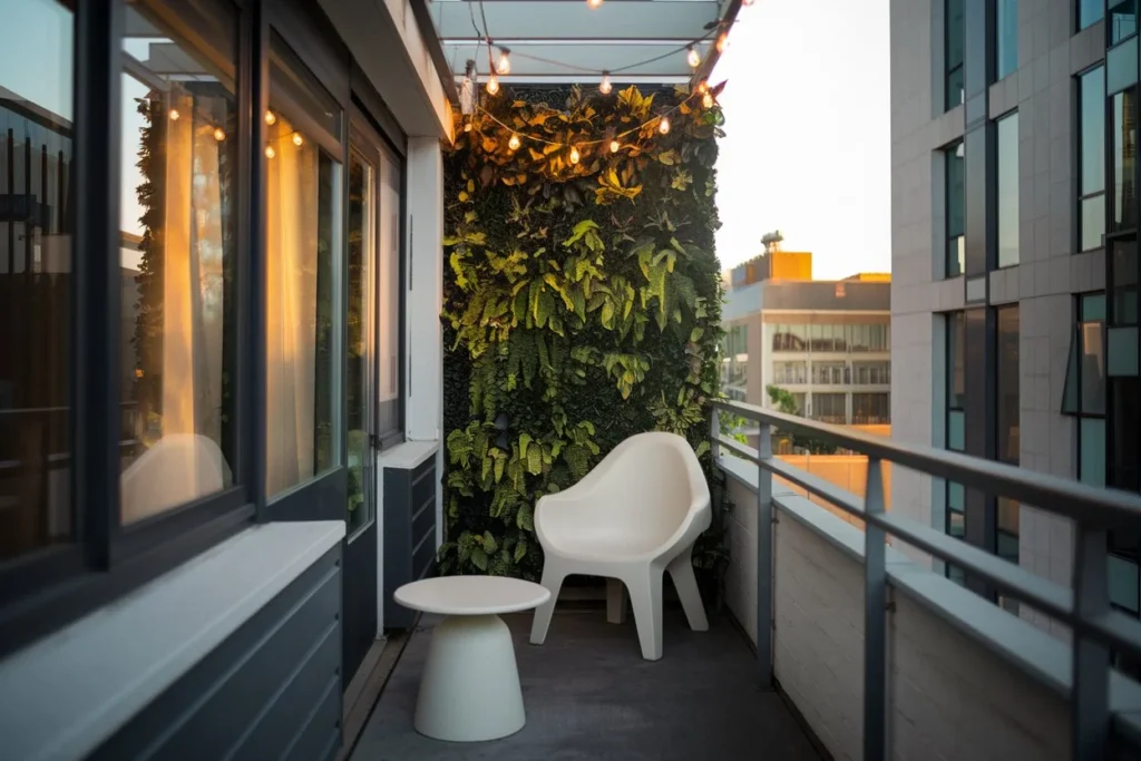 A stylish, well-organized small balcony with modern minimalist furniture, lush vertical green wall and soft ambient string lights