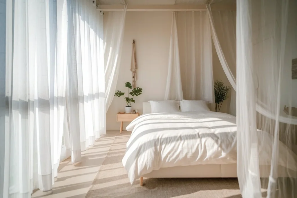 An Illustration of bedroom decor ideas with soft natural light streaming through sheer white curtains. A neatly made bed with crisp white bedding and a single potted plant.