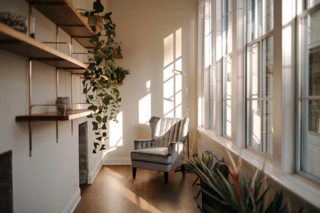 An illustration of a corner decoration in a reading room with natural light coming through large glass windows.