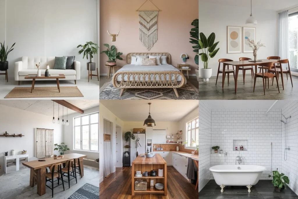 Collage of diverse dream home interiors, each representing a different personal style, showcasing unique furniture, colors, and decor, emphasizing individuality.