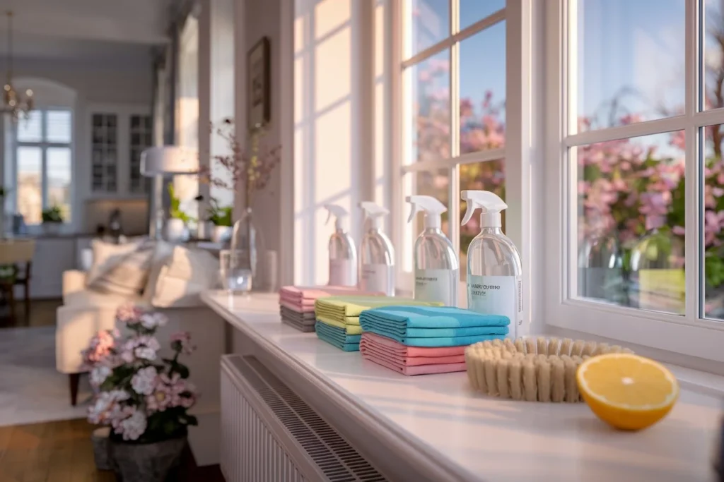 Hero image for a spring cleaning checklist article. Sunlight streams through a window onto neatly arranged spring cleaning supplies.