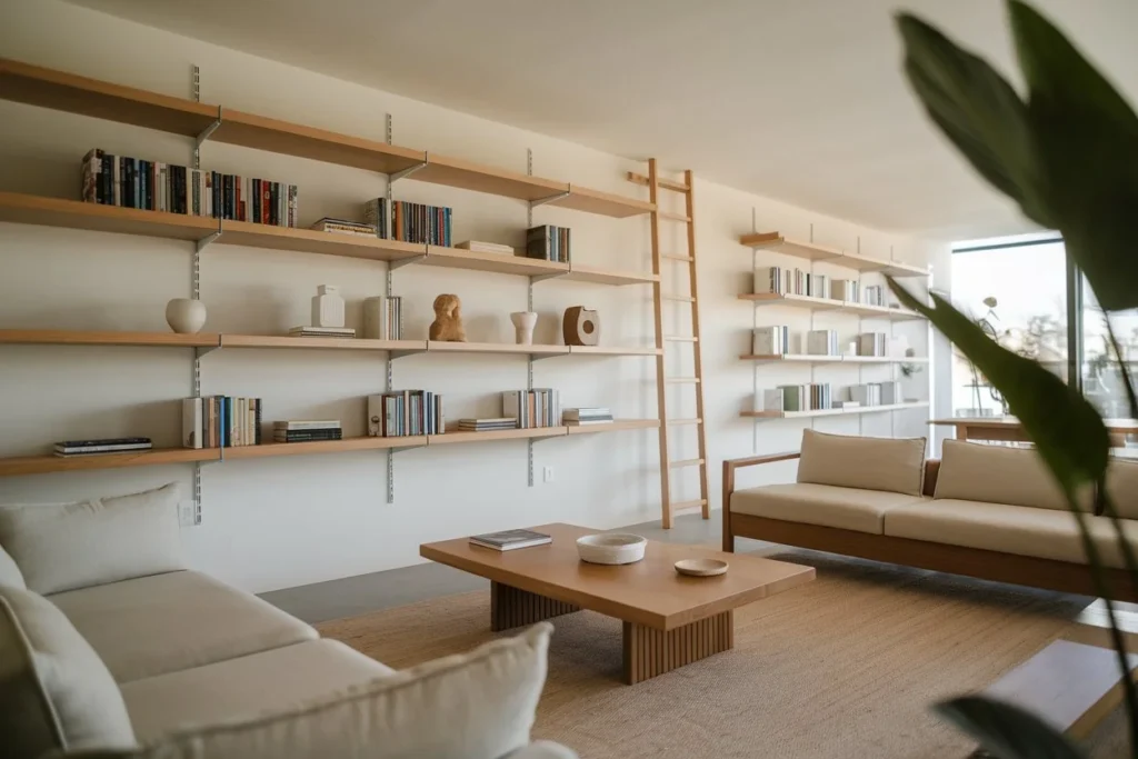 Minimalist living room with wooden floating shelves holding books and decorative objects, illustrating vertical storage solutions