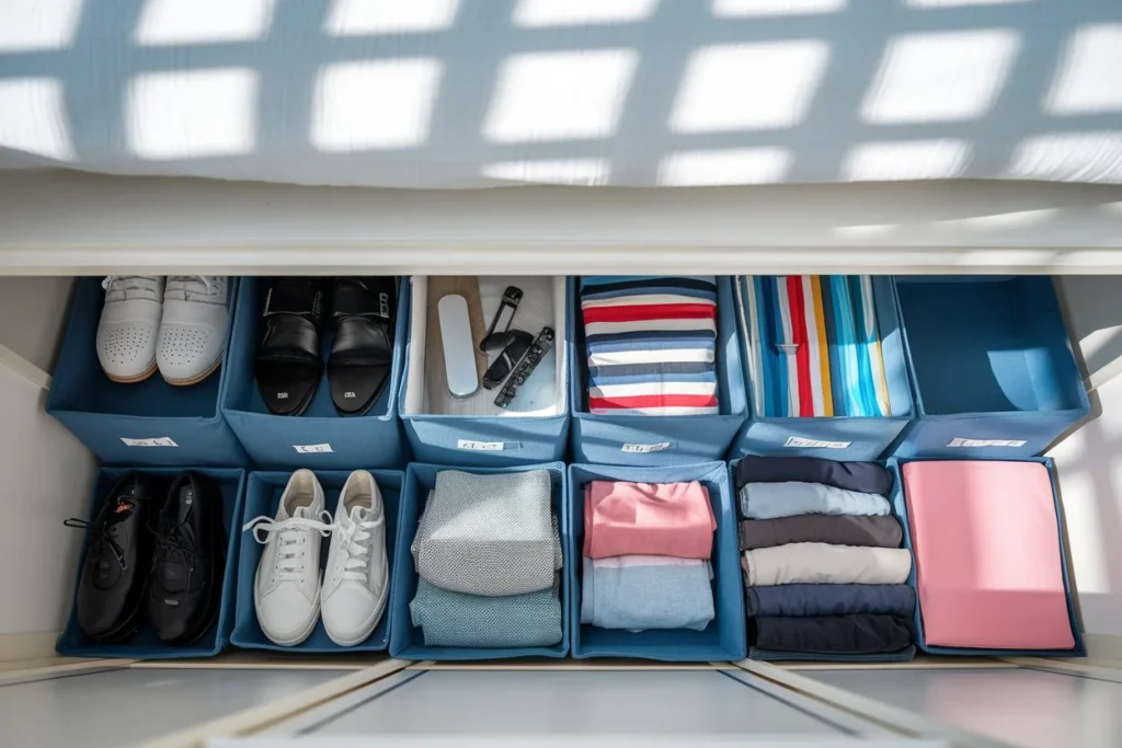 Modular underbed storage cubes perfectly fitted, each cube containing different categorized items like shoes, tech gadgets, and folded clothing.