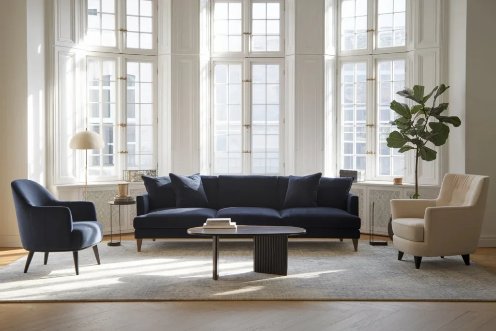 Professional interior photograph of a bright, modern living room with perfect Rule of Thirds composition. A navy-blue sofa is positioned one-third into the room, with large windows in the background