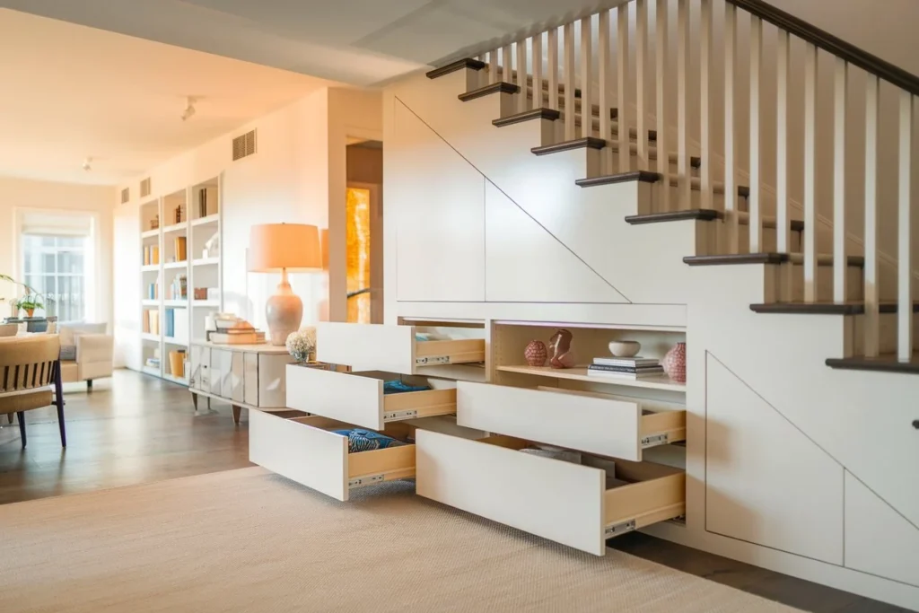 Professional interior photography of a modern home interior featuring an extra storage space under the stairs