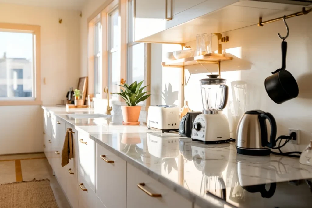 Professional interior photography of a modern kitchen showing minimalist kitchen counter organization