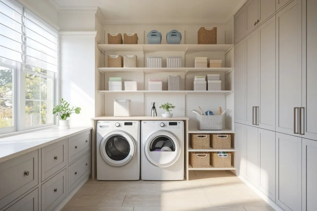 Professional photography of a modern laundry room organization setup with white cabinets, floating shelves, and organized storage solutions.