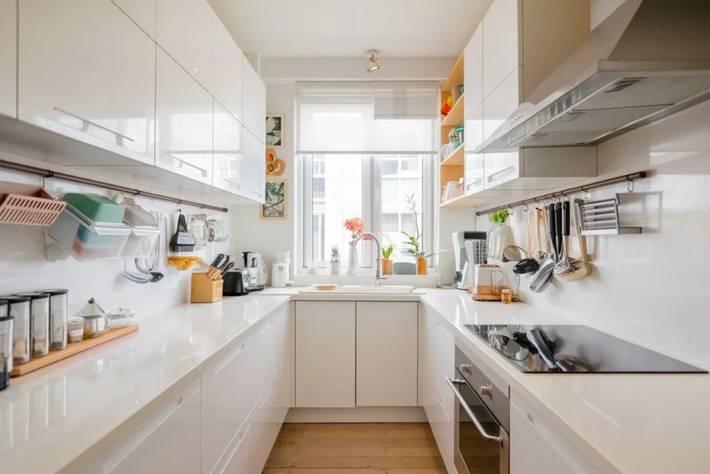 Small-kitchen-organization-with-the-help-of-white-cabinets-and-stainless-steel-appliances.