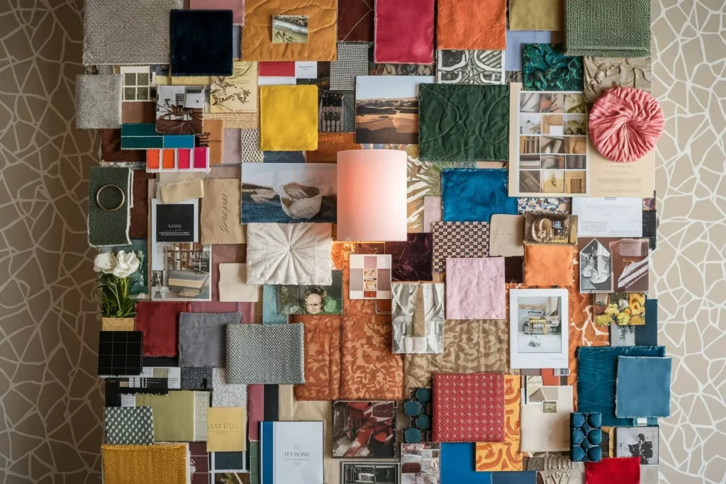 A meticulously arranged mood board filled with fabric swatches, paint samples and magazine clippings representing various home decor styles, creative inspiration and personal taste.