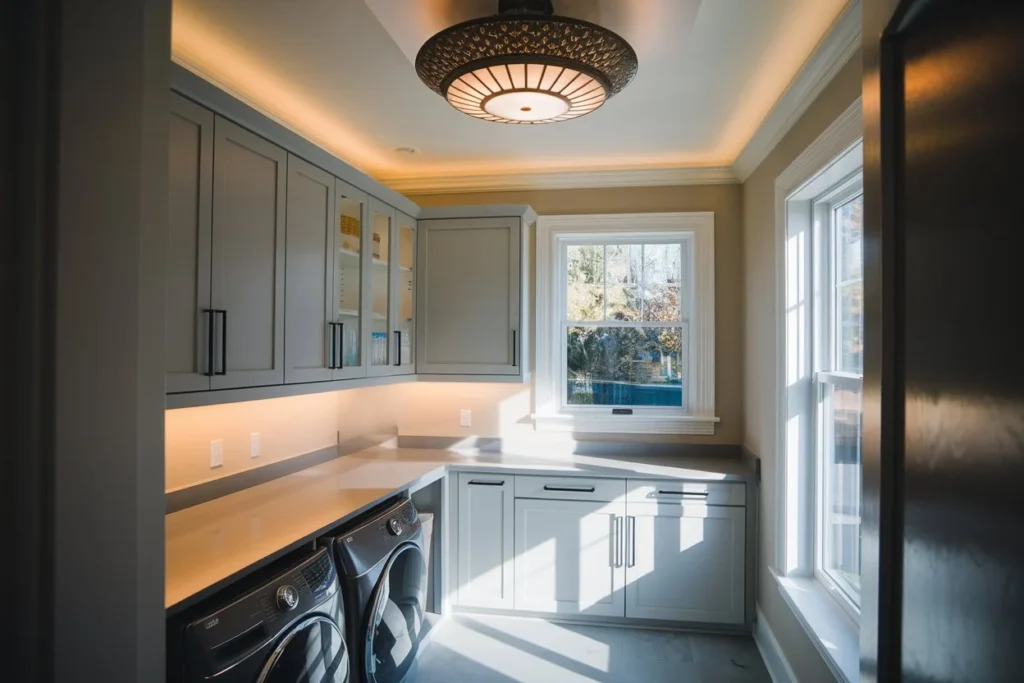 Brightly lit modern laundry room with layered lighting.