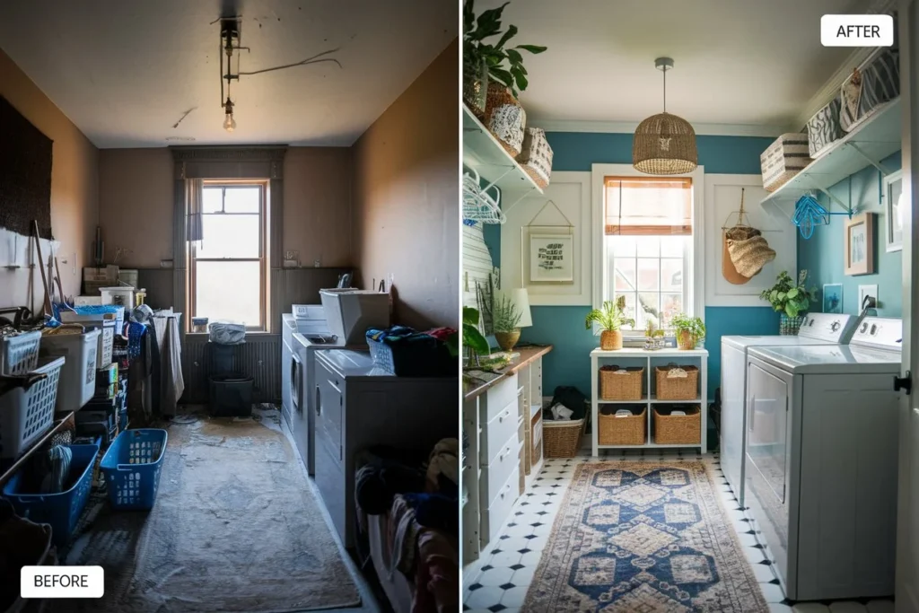 Depressing laundry room before and cheerful laundry room after decor updates.