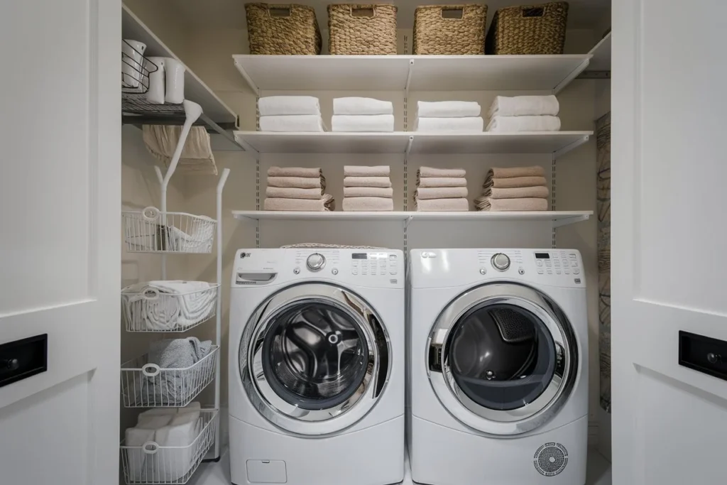 Organized laundry room with vertical shelves for storage.