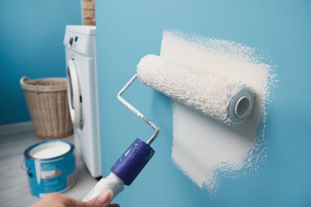 Painting a laundry room wall soft white to brighten the space.