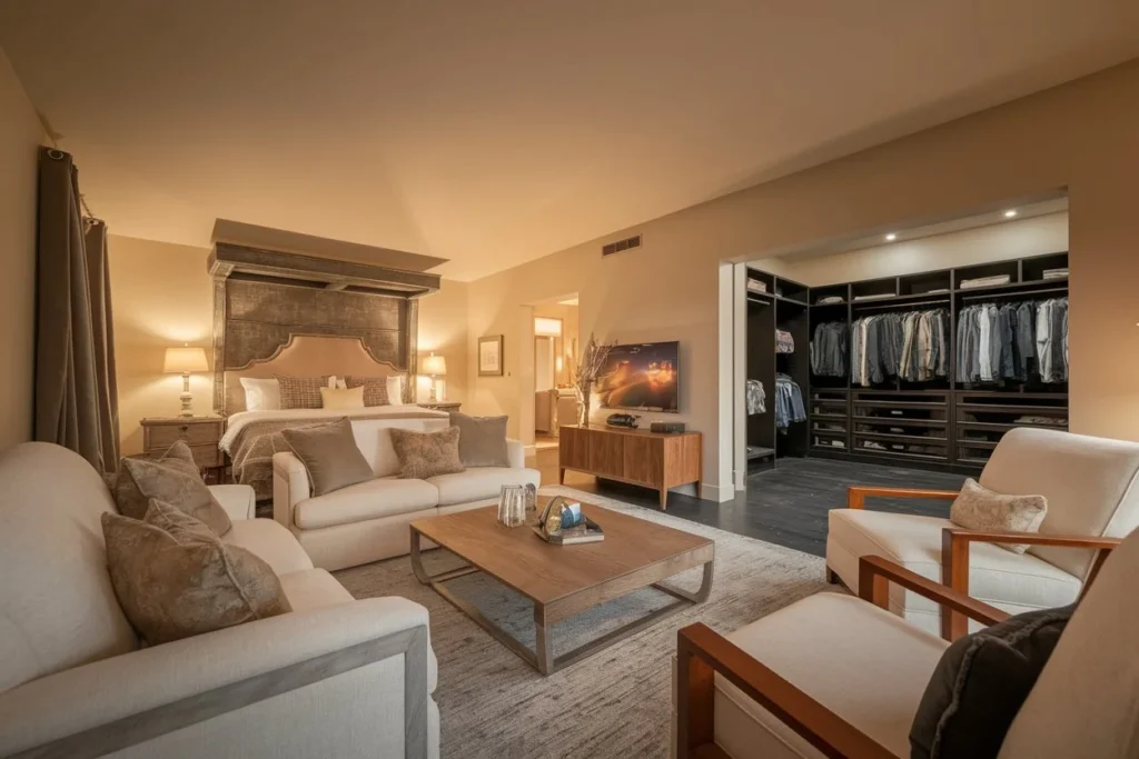 Wide angle photo of a cozy bedroom with sofas, wooden chairs and a closet, representing bedroom decor.